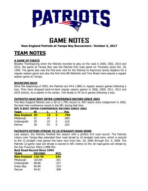 GAME NOTES New England Patriots at Tampa Bay Buccaneers– October 5, 2017