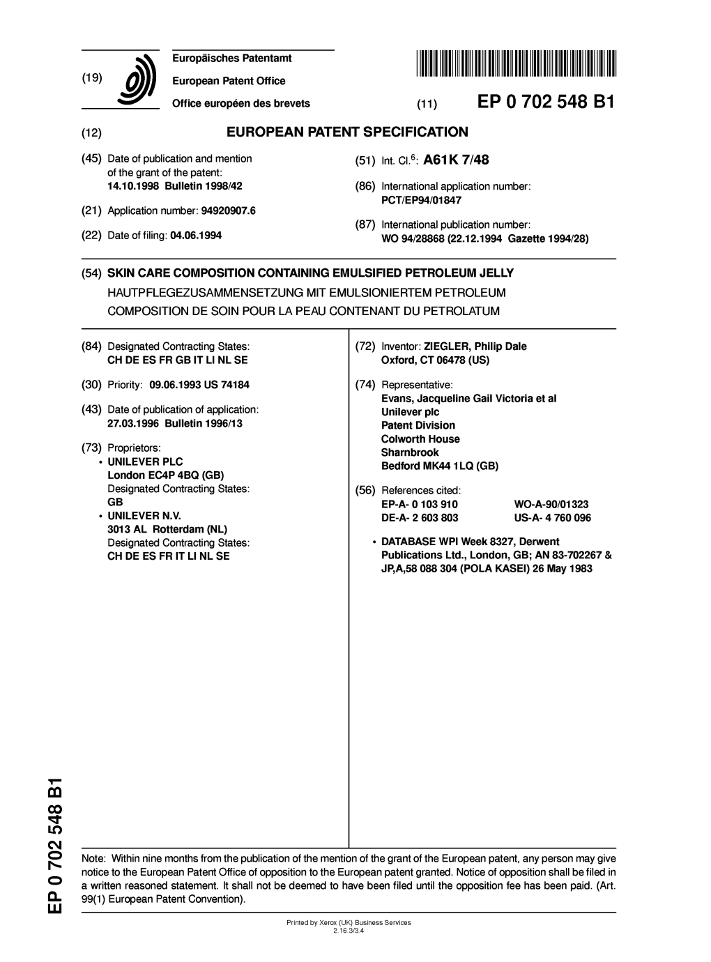 Skin Care Composition Containing Emulsified