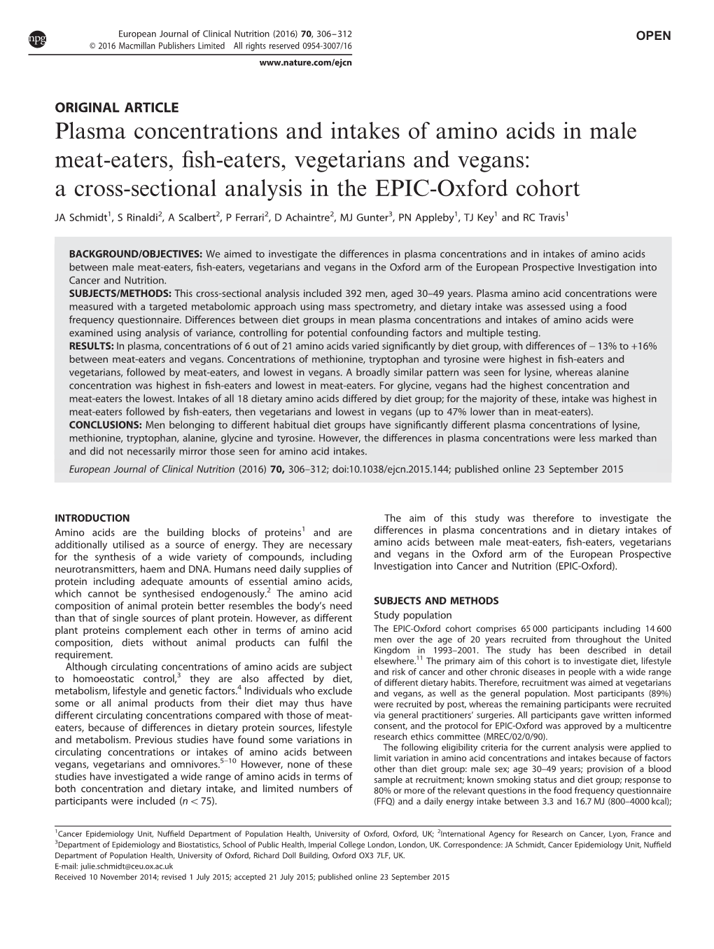 Plasma Concentrations and Intakes of Amino Acids in Male Meat-Eaters, ﬁsh-Eaters, Vegetarians and Vegans: a Cross-Sectional Analysis in the EPIC-Oxford Cohort