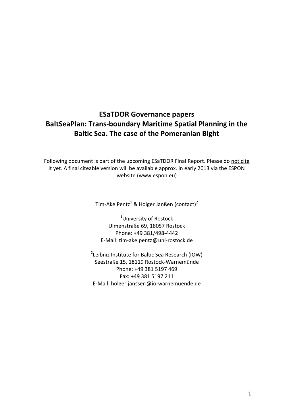 Esatdor Governance Papers Baltseaplan: Trans-Boundary Maritime Spatial Planning in the Baltic Sea