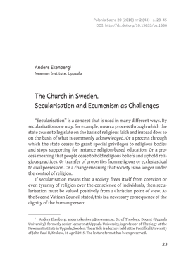 The Church in Sweden. Secularisation and Ecumenism As Challenges