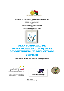 (Pcd) De La Commune Rurale De Mantasoa 2017-2021