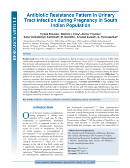 Antibiotic Resistance Pattern in Urinary Tract Infection During Pregnancy in South Indian Population
