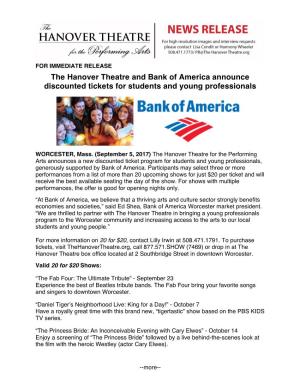 The Hanover Theatre and Bank of America Announce Discounted Tickets for Students and Young Professionals