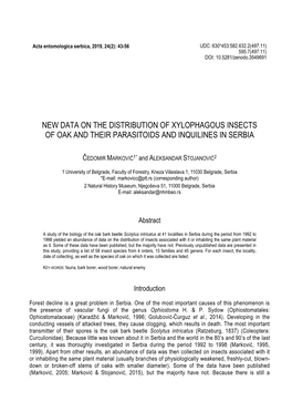 New Data on the Distribution of Xylophagous Insects of Oak and Their Parasitoids and Inquilines in Serbia