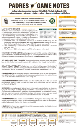 PADRES GAME NOTES San Diego Padres Communications Department • 100 Park Blvd