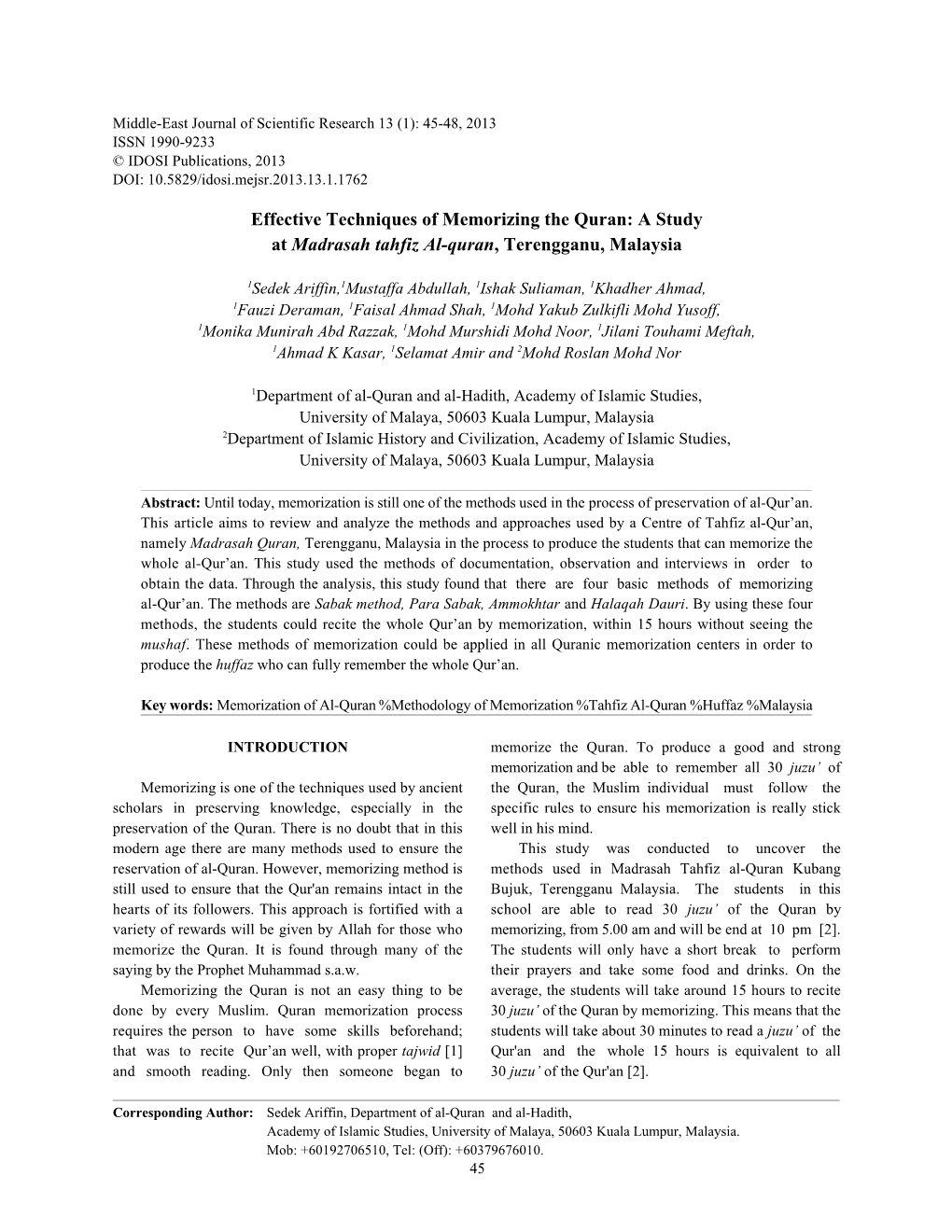 Effective Techniques of Memorizing the Quran: a Study at Madrasah Tahfiz Al-Quran, Terengganu, Malaysia