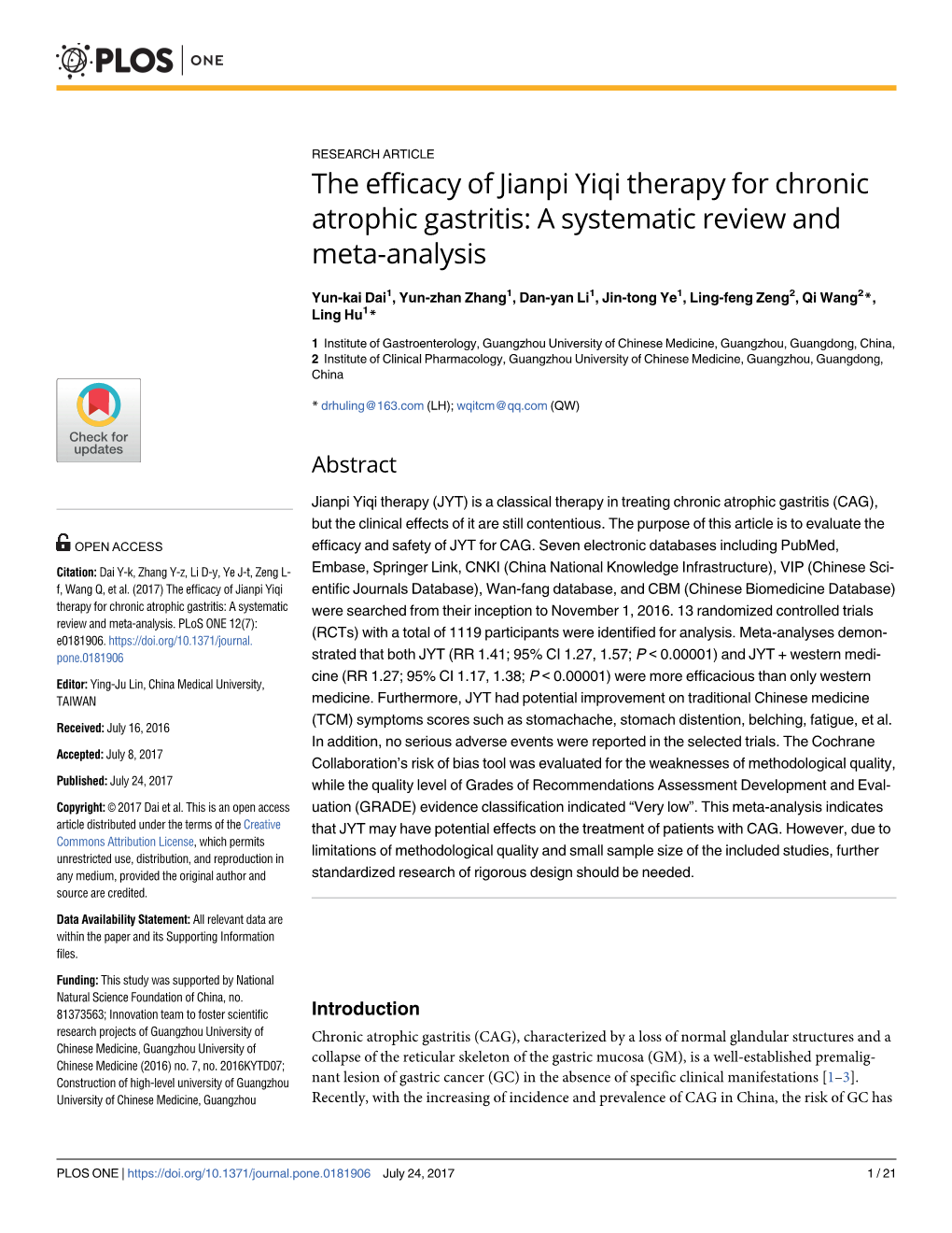 The Efficacy of Jianpi Yiqi Therapy for Chronic Atrophic Gastritis: a Systematic Review and Meta-Analysis