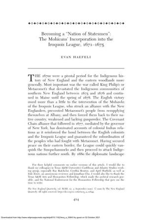 Becoming a “Nation of Statesmen”: the Mohicans' Incorporation Into the Iroquois League, 1671–1675