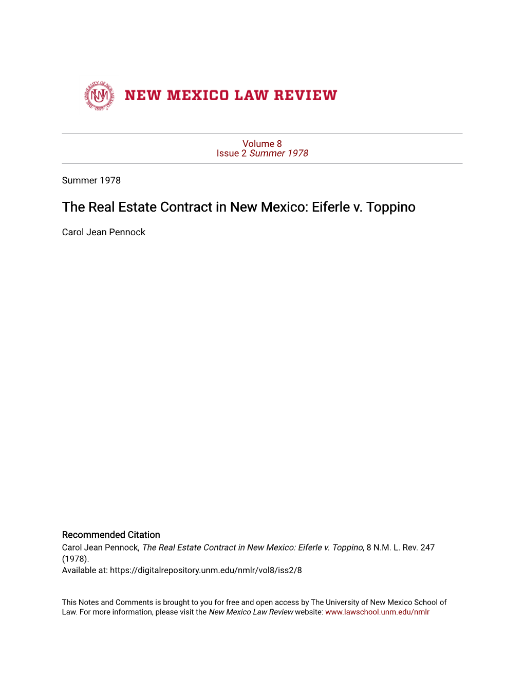 The Real Estate Contract in New Mexico: Eiferle V. Toppino