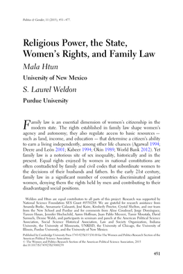 Religious Power, the State, Women's Rights, and Family