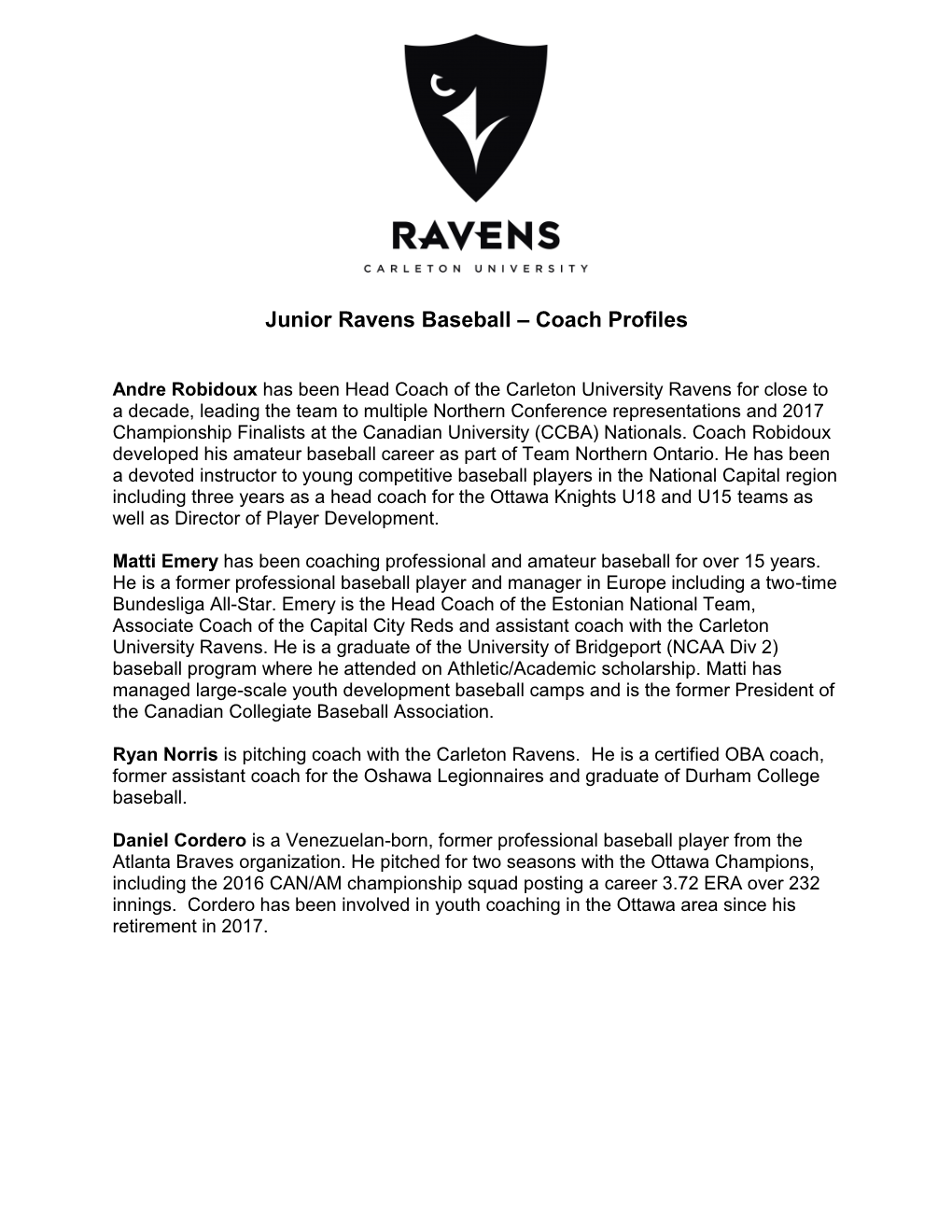 Junior Ravens Baseball – Coach Profiles