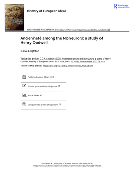 Ancienneté Among the Non-Jurors: a Study of Henry Dodwell