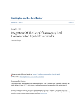 Integration of the Law of Easements, Real Covenants and Equitable Servitudes Lawrence Berger