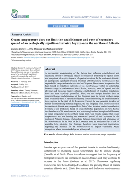 Ocean Temperature Does Not Limit the Establishment and Rate of Secondary Spread of an Ecologically Significant Invasive Bryozoan in the Northwest Atlantic