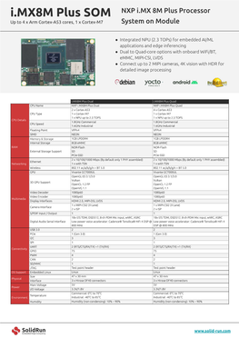 I.MX8M Plus SOM NXP I.MX 8M Plus Processor up to 4 X Arm Cortex-A53 Cores, 1 X Cortex-M7 System on Module