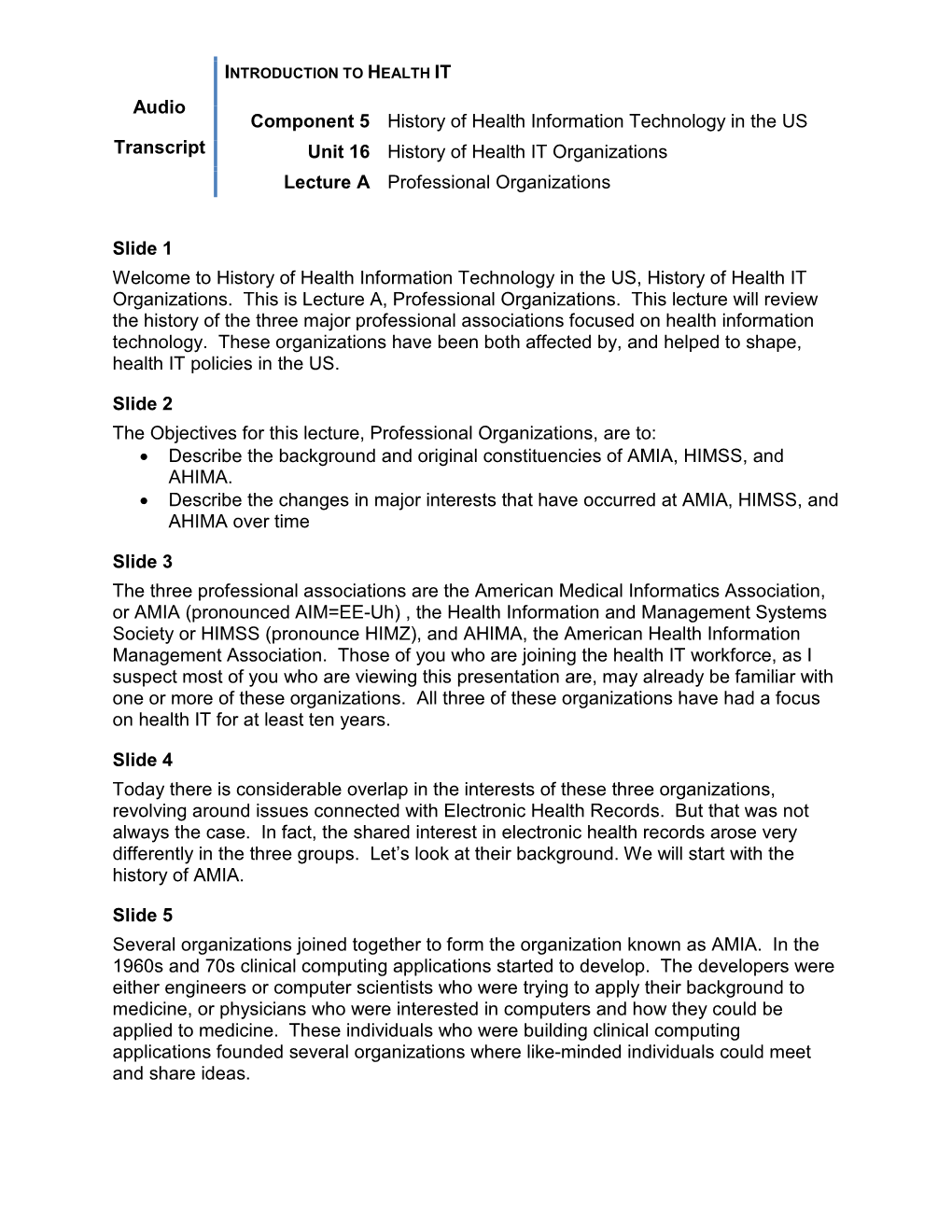 Audio Transcript Component 5 History of Health Information Technology