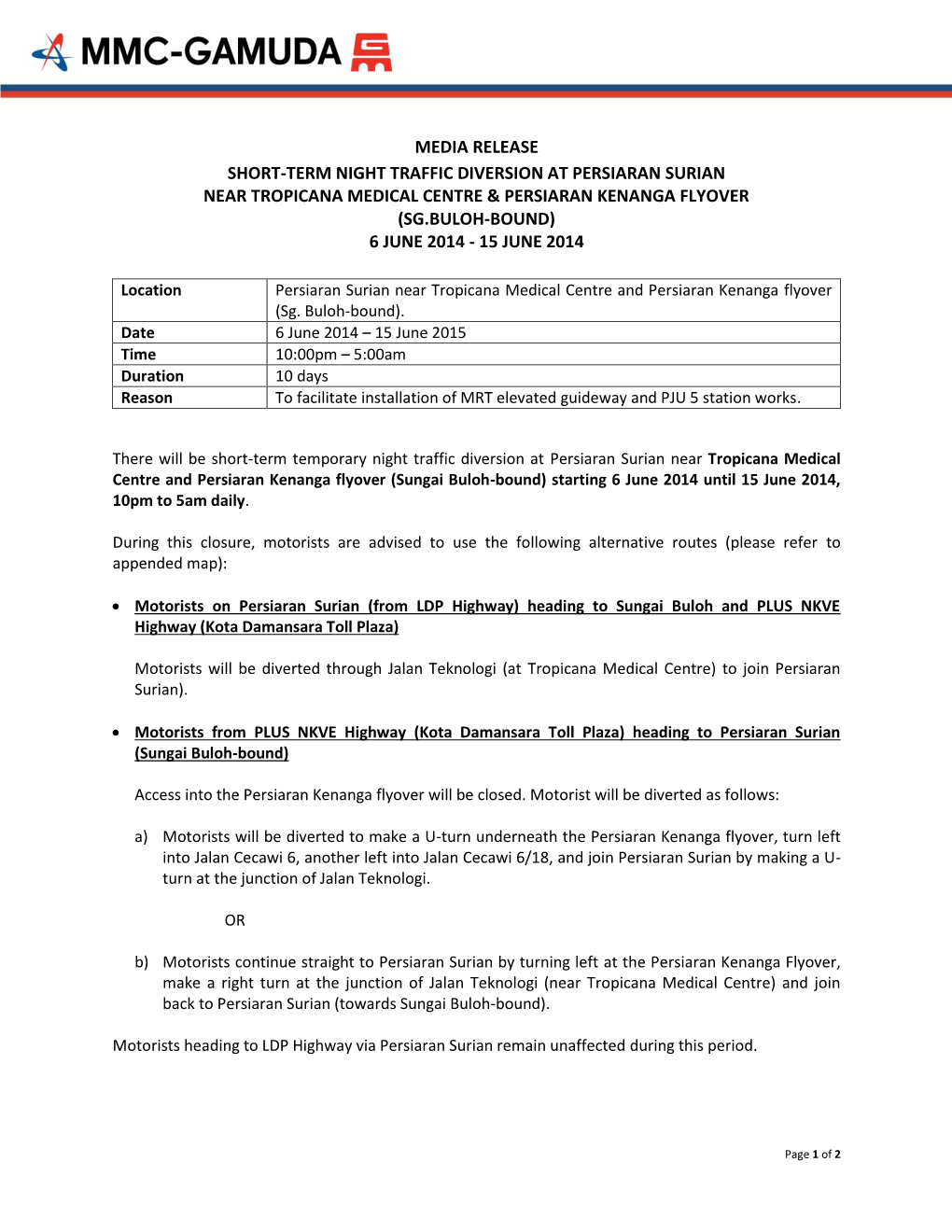 Media Release Short-Term Night Traffic Diversion at Persiaran Surian Near Tropicana Medical Centre & Persiaran Kenanga Flyo