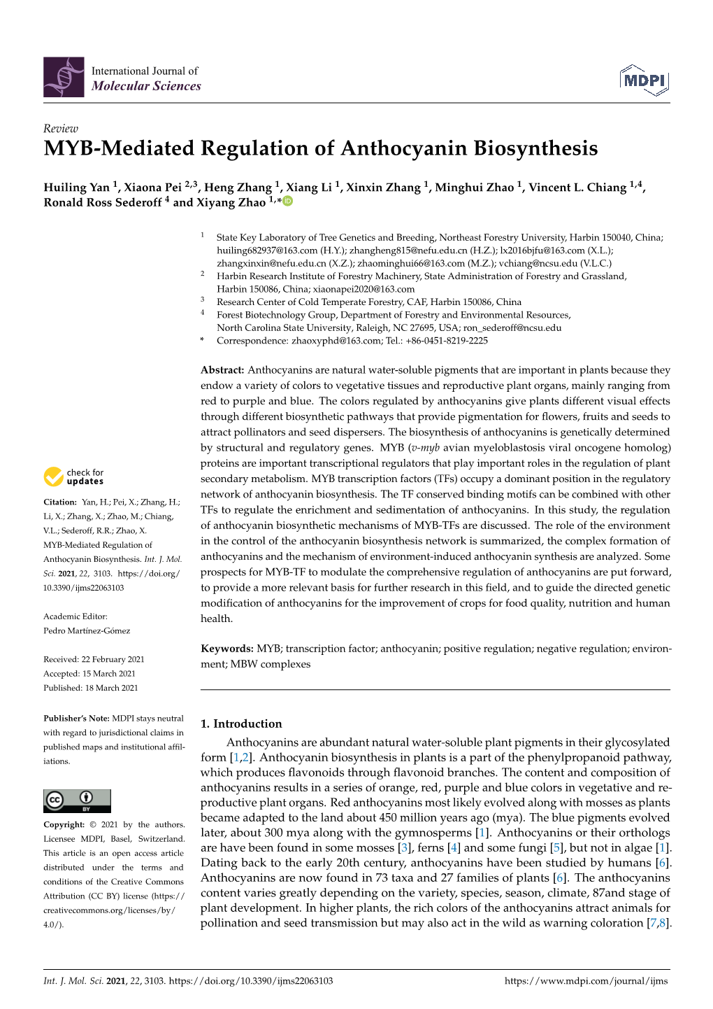 MYB-Mediated Regulation of Anthocyanin Biosynthesis