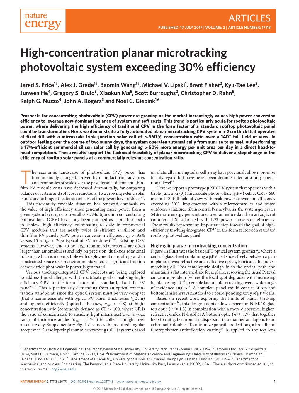 High-Concentration Planar Microtracking Photovoltaic System Exceeding 30 Efficiency