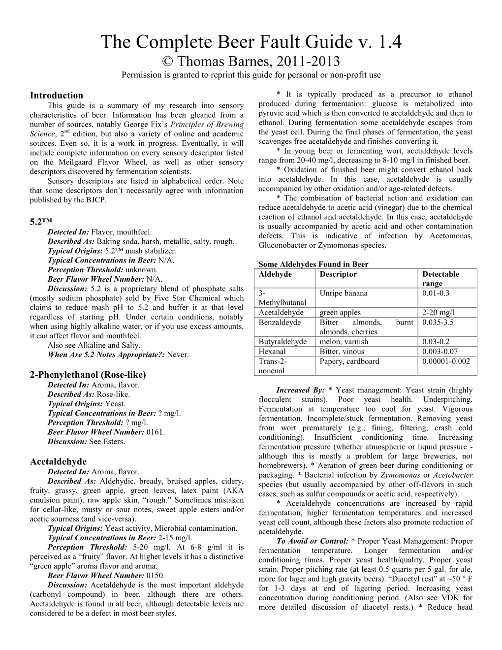 The Complete Beer Fault Guide V. 1.4 © Thomas Barnes, 2011-2013 Permission Is Granted to Reprint This Guide for Personal Or Non-Profit Use