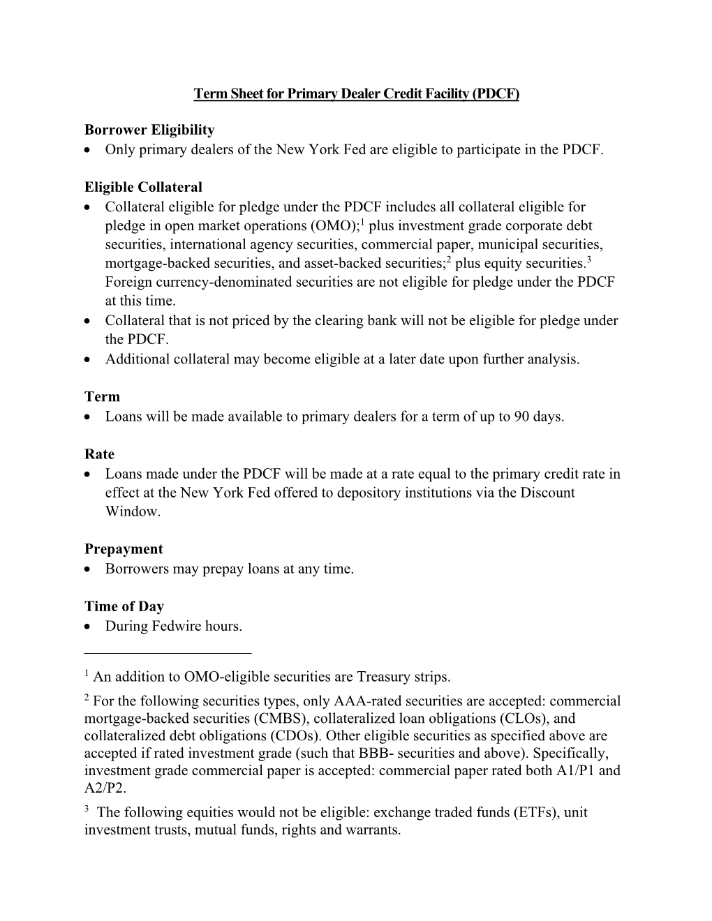 Term Sheet for Primary Dealer Credit Facility (PDCF)