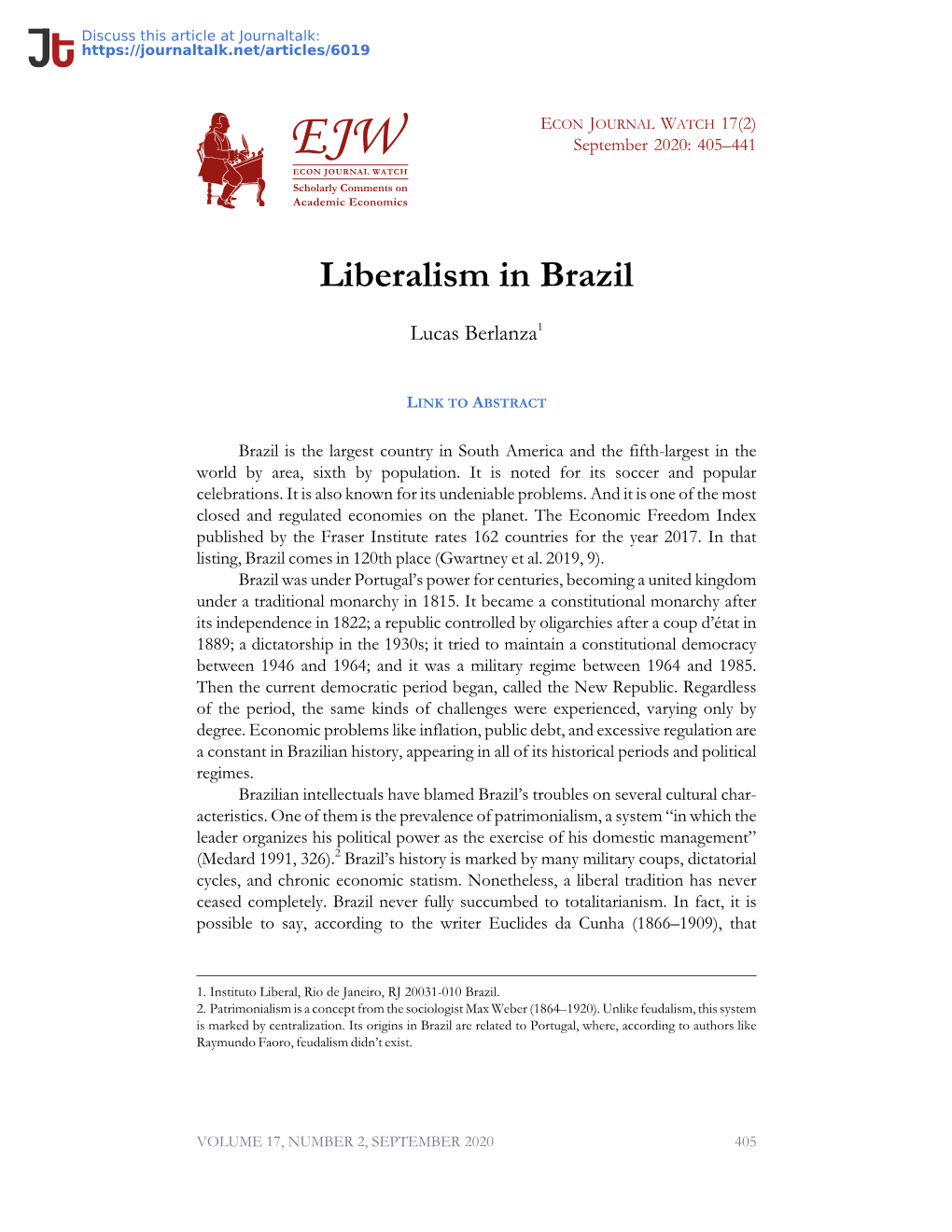 Liberalism in Brazil · Econ Journal Watch