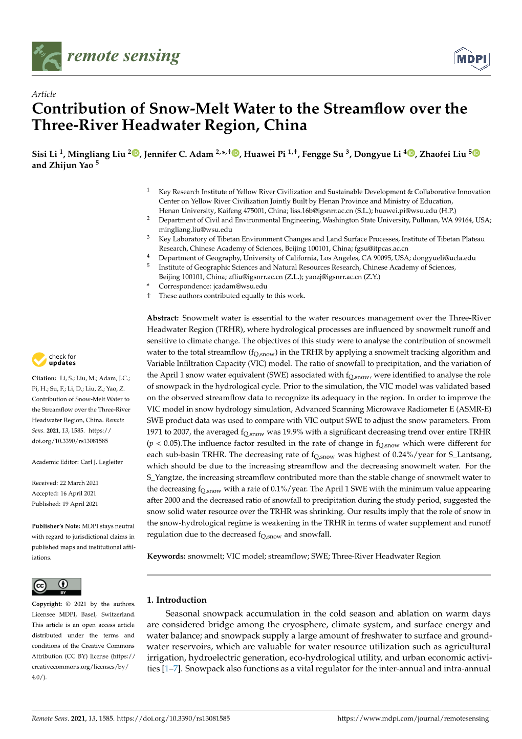 Contribution of Snow-Melt Water to the Streamflow Over the Three-River