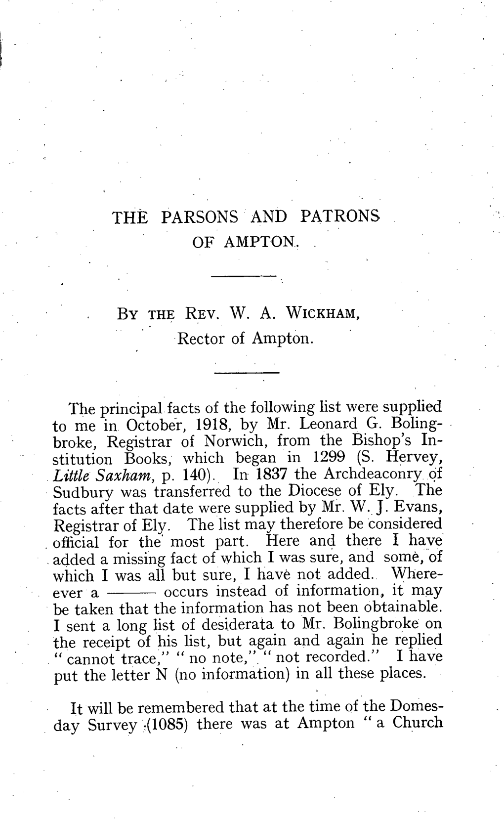 The Parsons and Patrons of Ampton W. A. Wickham