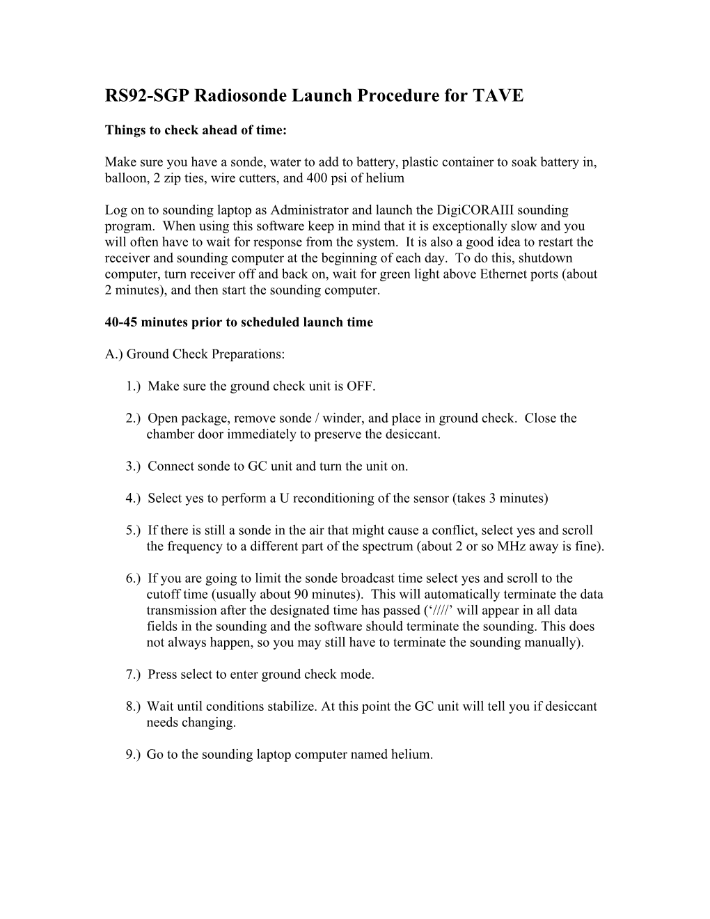 RS92-SGP Radiosonde Launch Procedure for TAVE