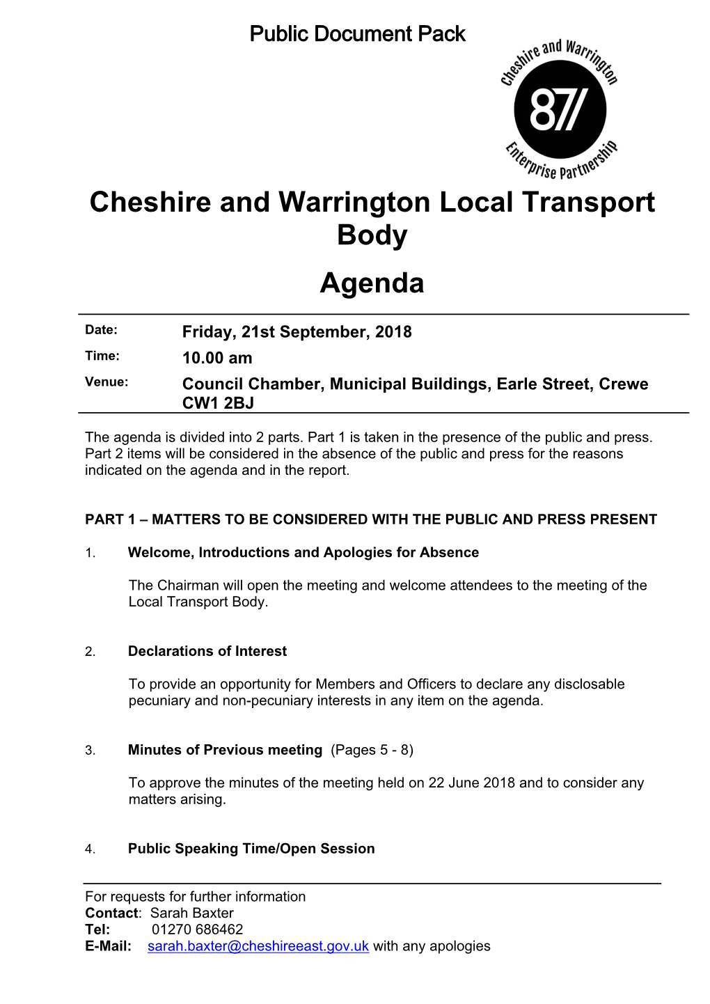 (Public Pack)Agenda Document for Cheshire and Warrington Local Transport Body, 21/09/2018 10:00