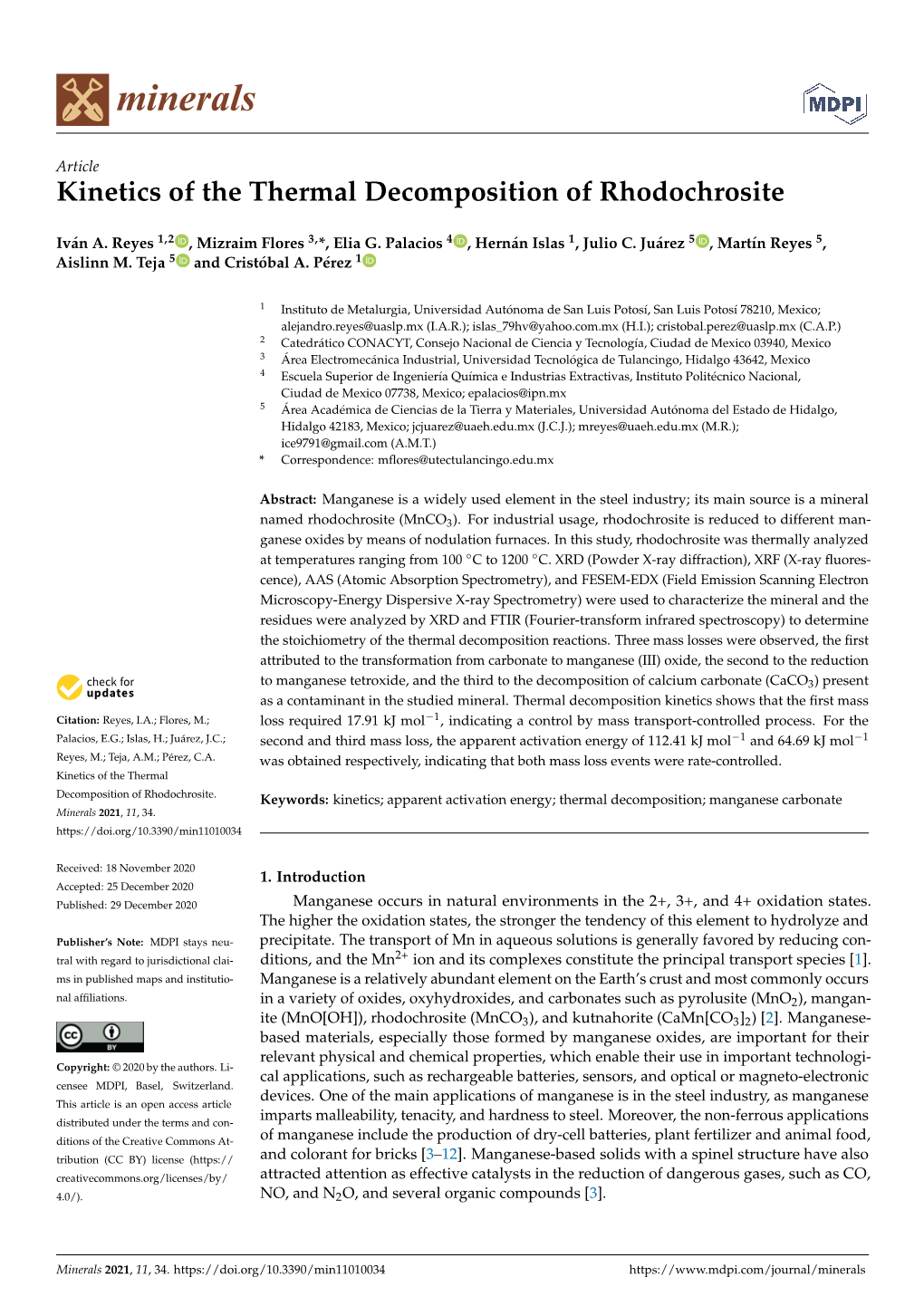 Kinetics of the Thermal Decomposition of Rhodochrosite