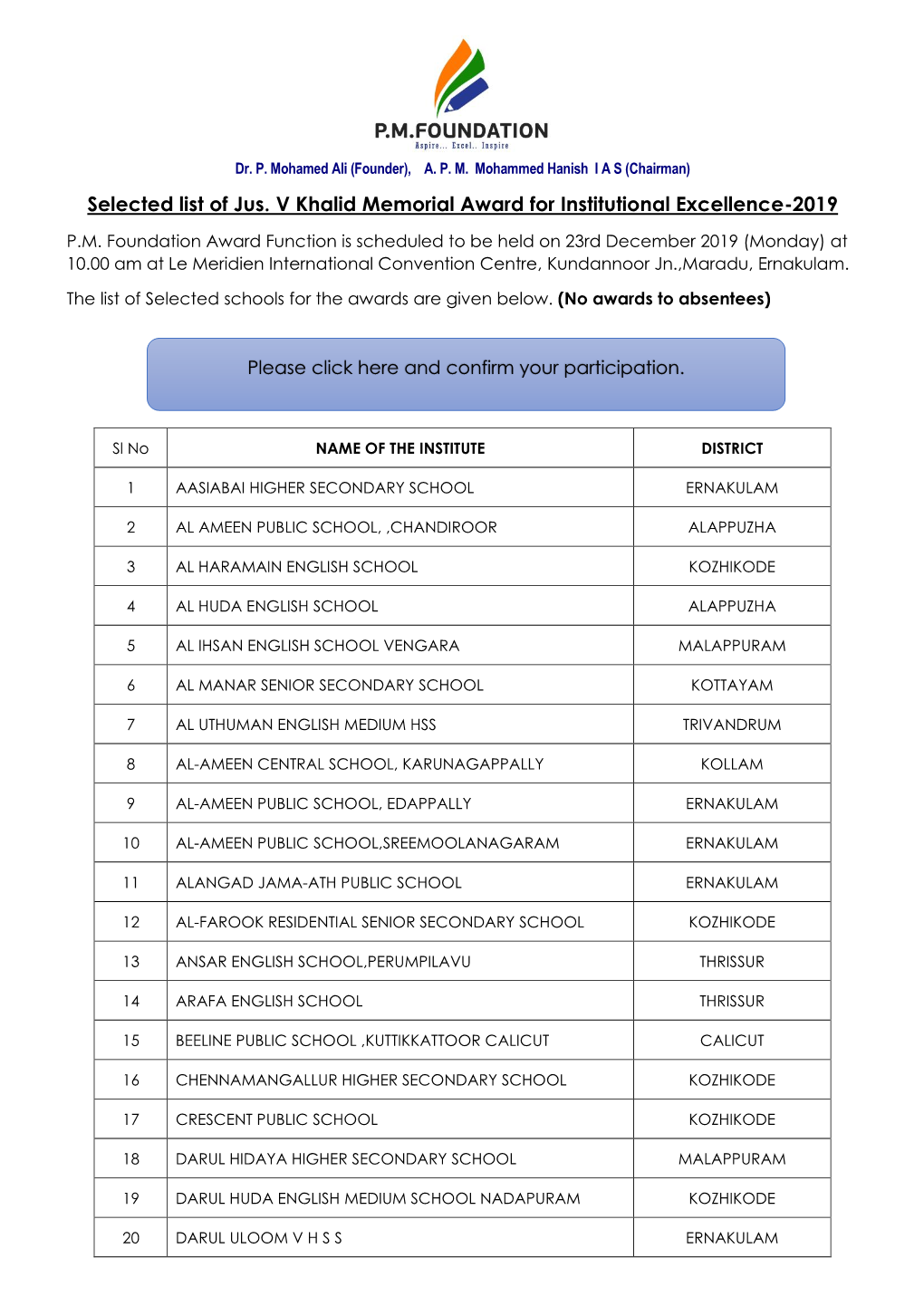 Selected List of Jus. V Khalid Memorial Award for Institutional Excellence-2019