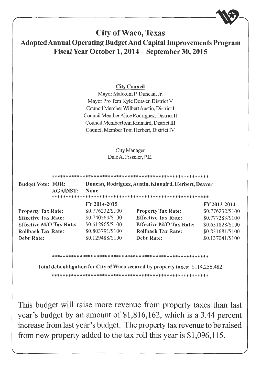 Adopted 2014-2015 City of Waco Budget