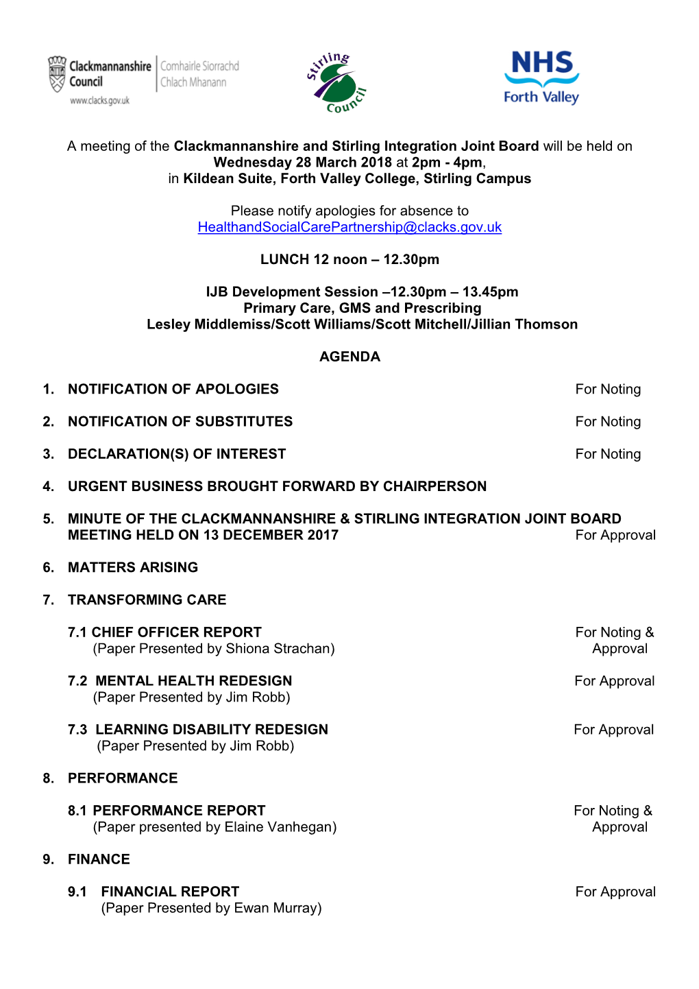 A Meeting of the Clackmannanshire and Stirling Integration Joint Board