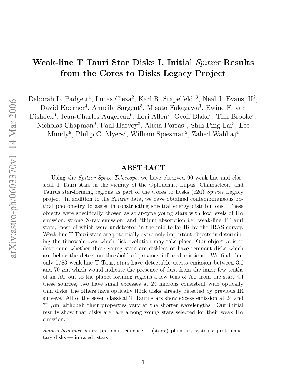 Weak-Line T Tauri Star Disks I. Initial Spitzer Results from the Cores to Disks Legacy Project