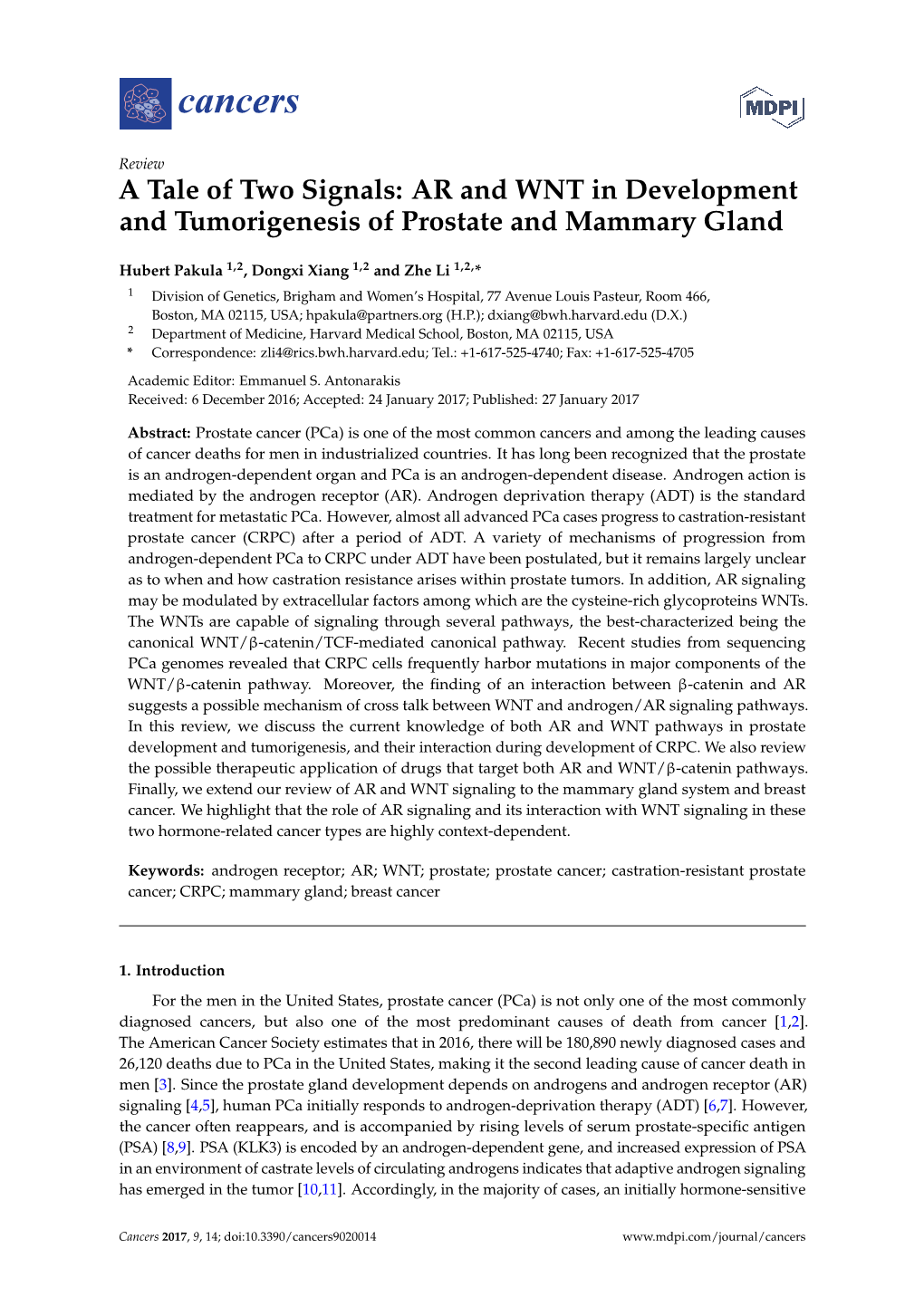 A Tale of Two Signals: AR and WNT in Development and Tumorigenesis of Prostate and Mammary Gland