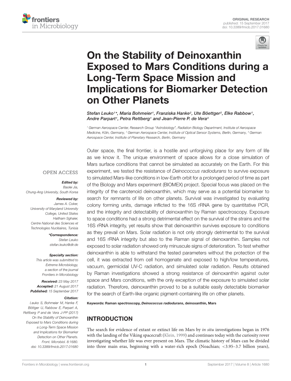 On the Stability of Deinoxanthin Exposed to Mars Conditions During a Long-Term Space Mission and Implications for Biomarker Detection on Other Planets