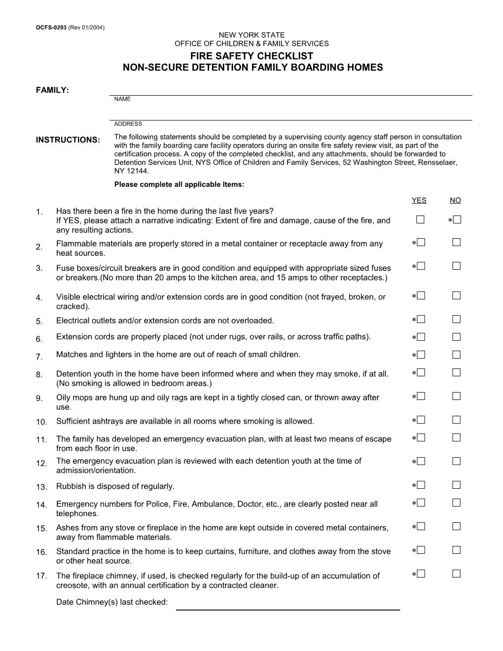 OCFS-0293 Fire Safety Checklist Non-Secure Detention Family Boarding Homes