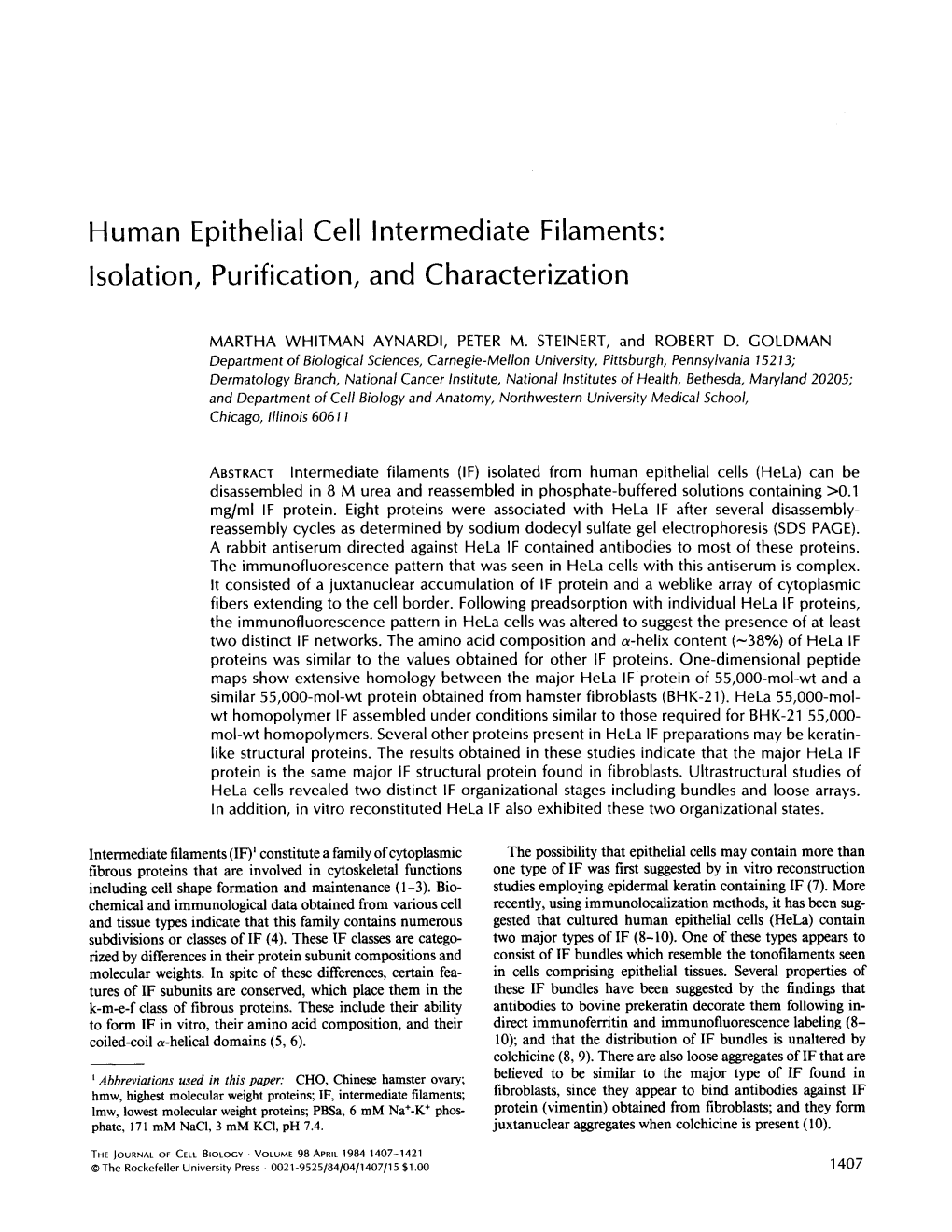 Human Epithelial Cell Intermediate Filaments: Isolation, Purification, and Characterization