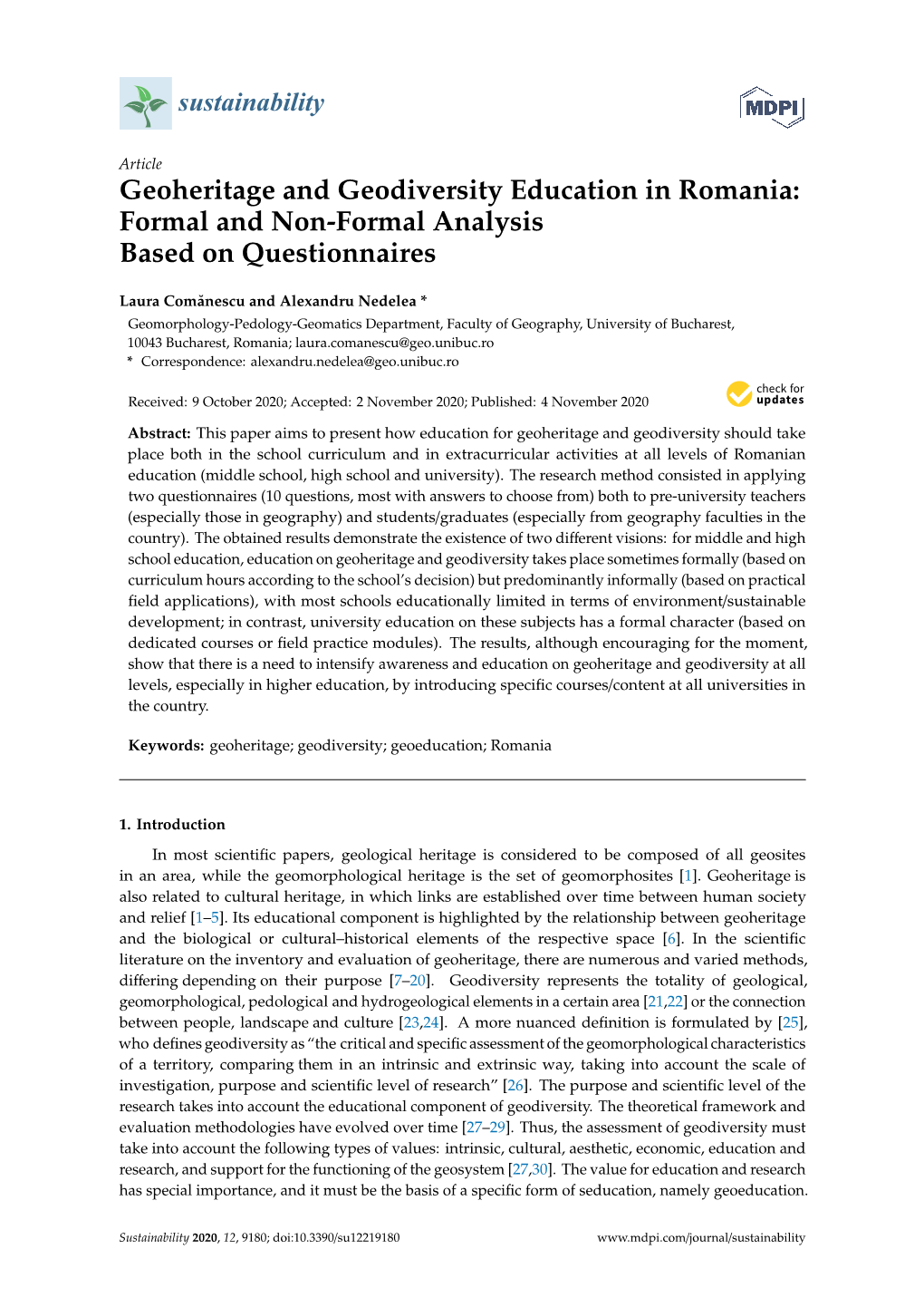 Geoheritage and Geodiversity Education in Romania: Formal and Non-Formal Analysis Based on Questionnaires