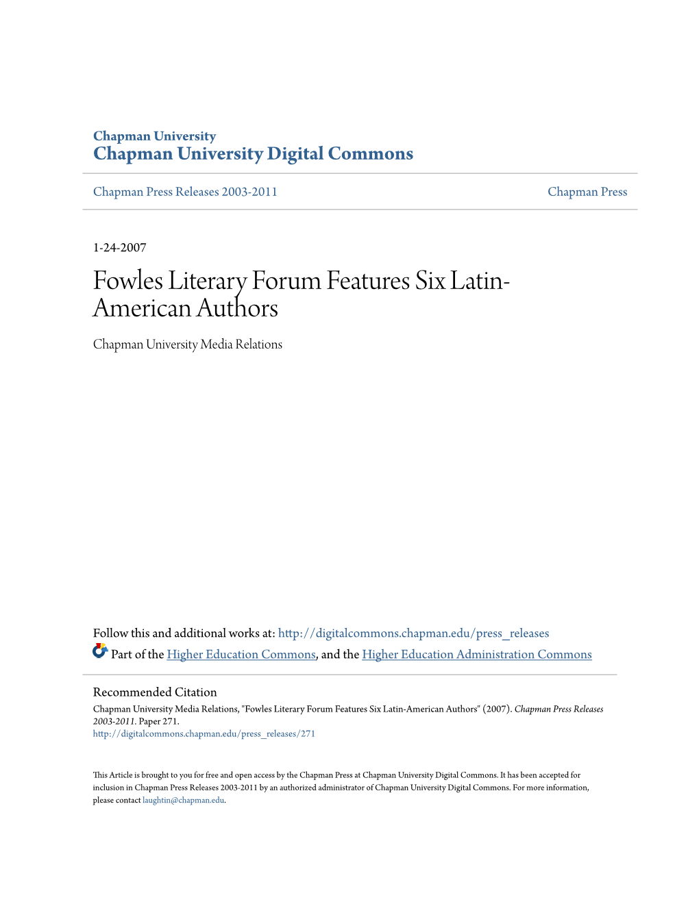 Fowles Literary Forum Features Six Latin-American Authors" (2007)