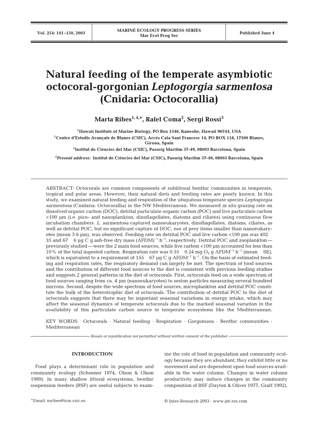 Natural Feeding of the Temperate Asymbiotic Octocoral-Gorgonian Leptogorgia Sarmentosa (Cnidaria: Octocorallia)