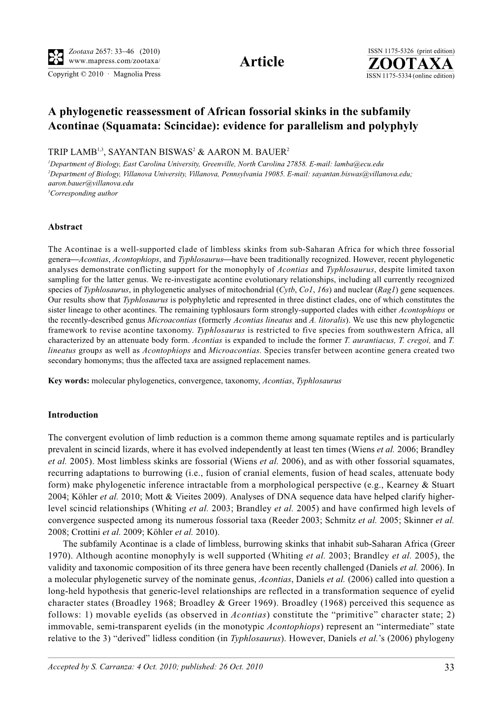 A Phylogenetic Reassessment of African Fossorial Skinks in the Subfamily Acontinae (Squamata: Scincidae): Evidence for Parallelism and Polyphyly