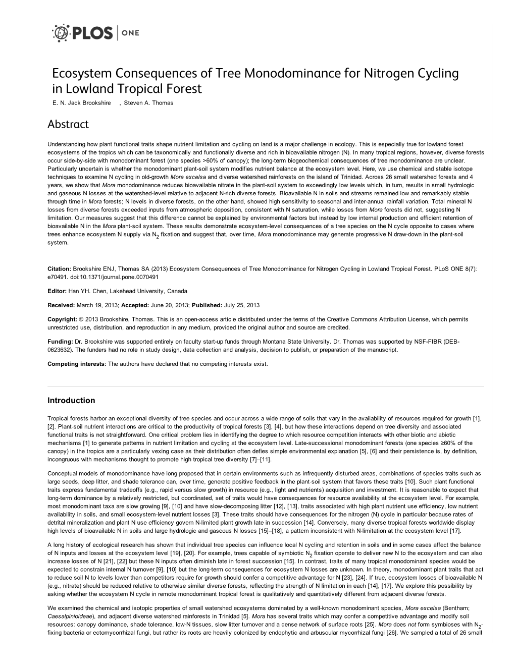 PLOS ONE Ecosystem Consequences of Tree Monodominance for Nitrogen Cycling in Lowland Tropical Forest.Pdf