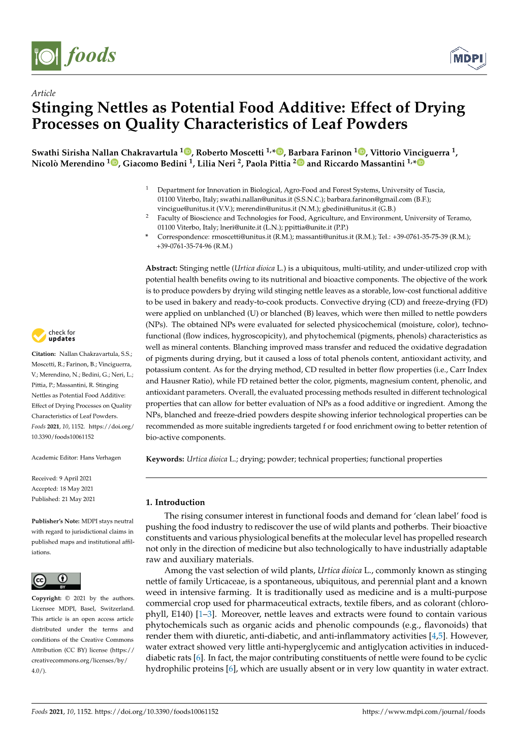 Stinging Nettles As Potential Food Additive: Effect of Drying Processes on Quality Characteristics of Leaf Powders