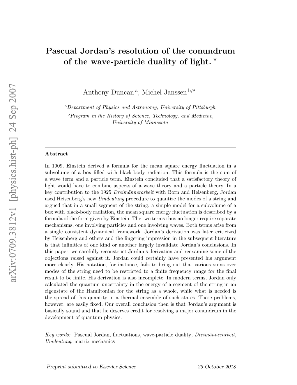 Pascual Jordan's Resolution of the Conundrum of the Wave-Particle