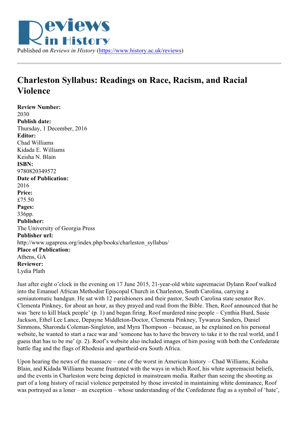 Charleston Syllabus: Readings on Race, Racism, and Racial Violence