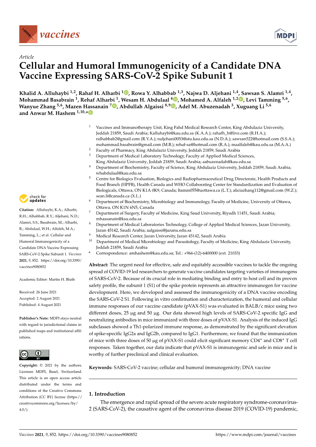 Cellular and Humoral Immunogenicity of a Candidate DNA Vaccine Expressing SARS-Cov-2 Spike Subunit 1