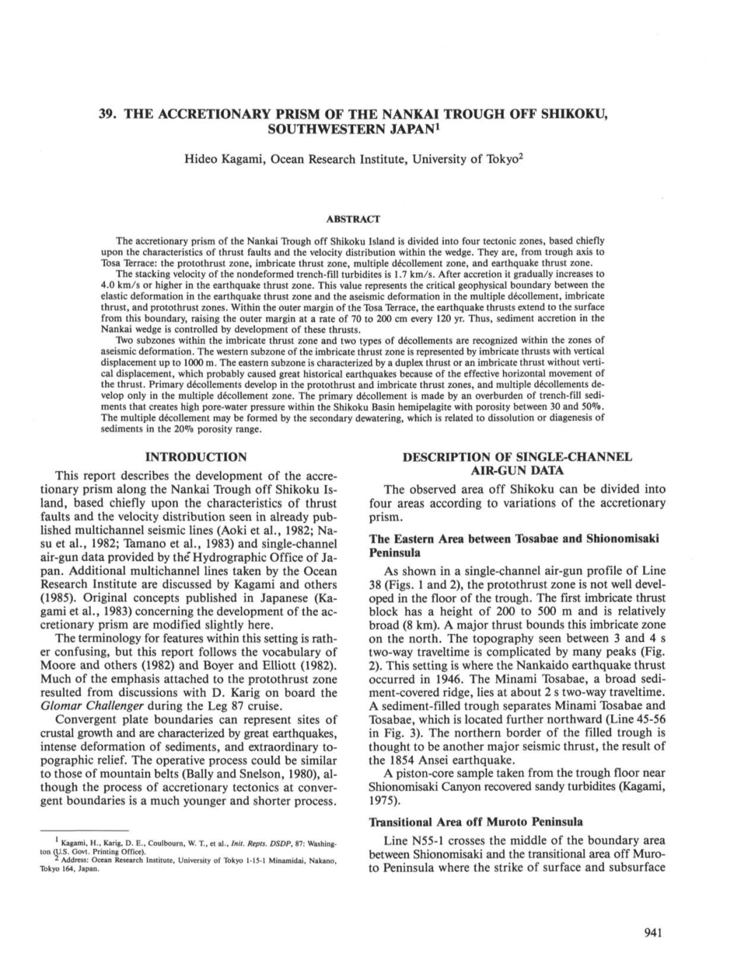 39. the Accretionary Prism of the Nankai Trough Off Shikoku, Southwestern Japan1